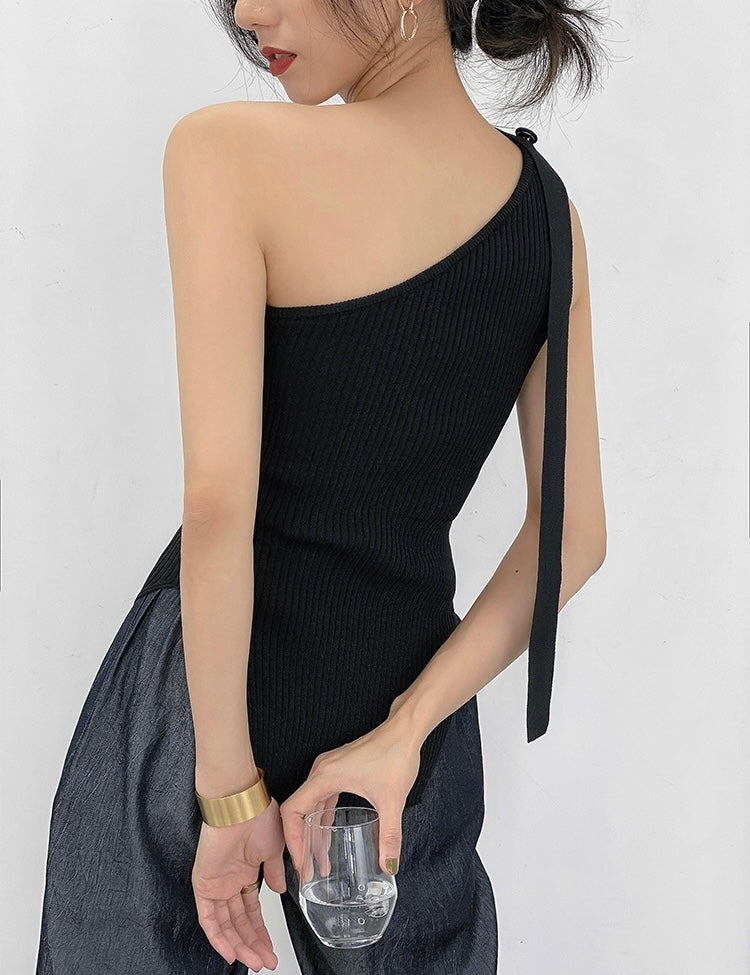 Asymmetric Sleeveless Ribbed Top in Black