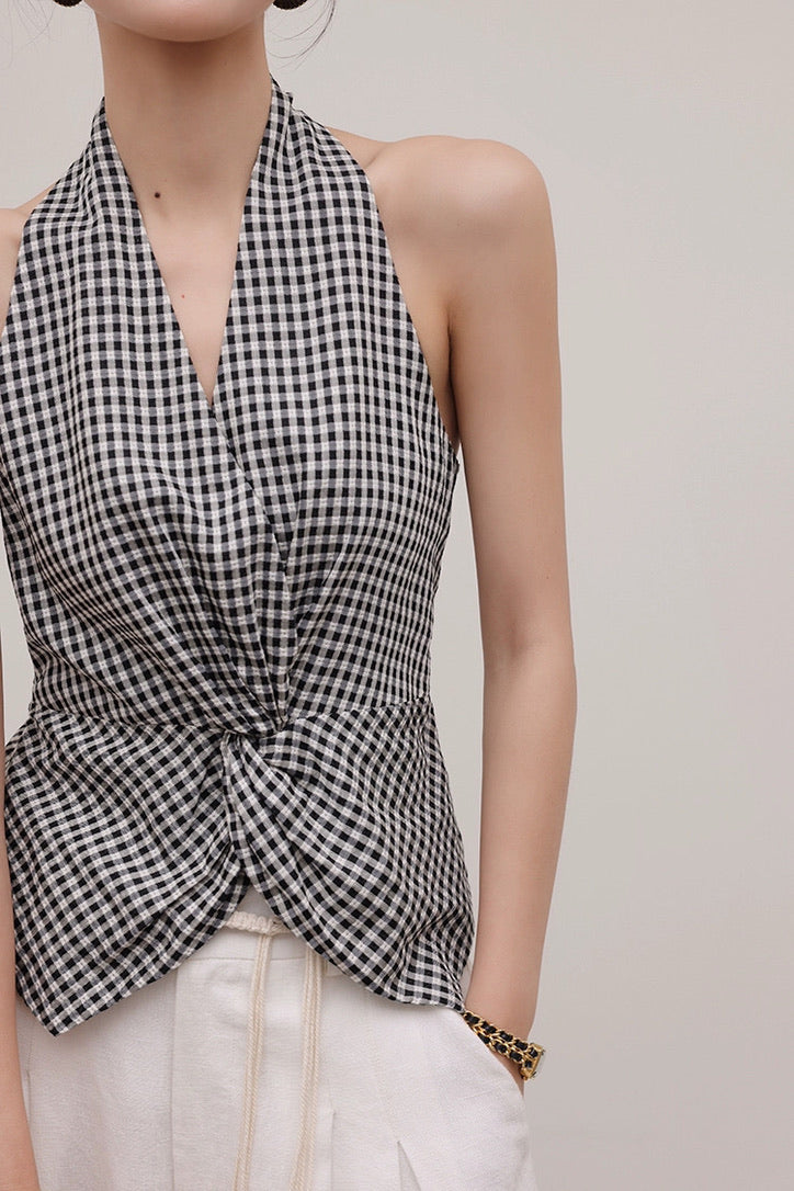 Tencel Blend Checked Twist Sleeveless Top in Black/White