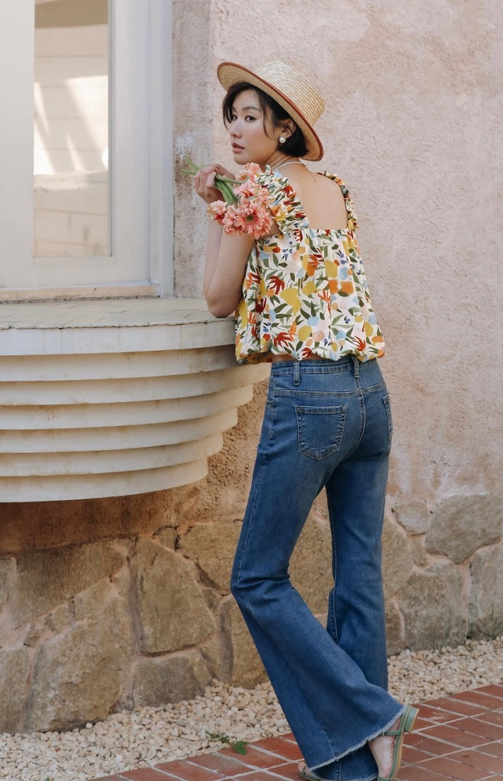 Floral Gathered Strap Bubble Top in Multi