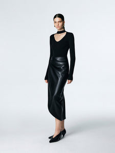 Wrap Style Pleather Midi Skirt in Black