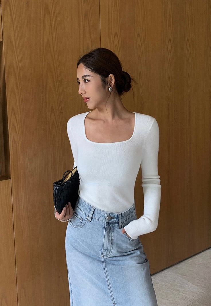 Light Knit Square Neck Top in White