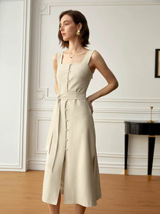 2-Way Button Sleeveless Dress in Beige