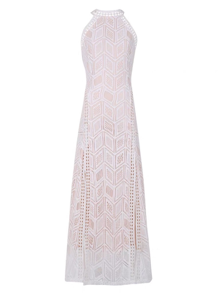 Cutout Back Lace Slit Maxi Dress in White
