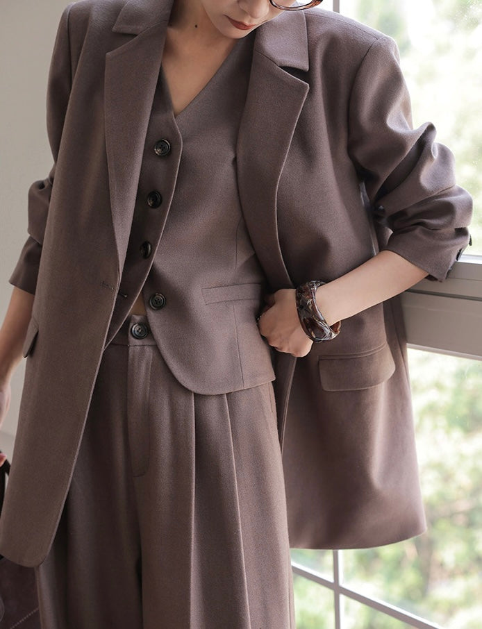 Vest + Blazer + Trousers Set in Brown