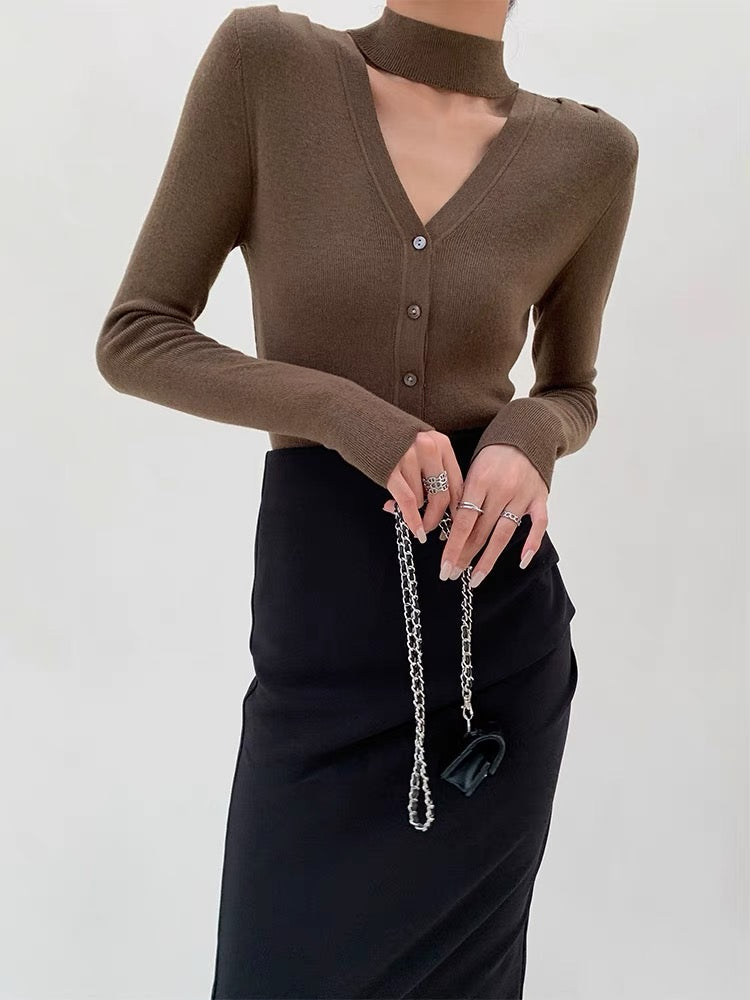 High Neck Cutout Button Top in Brown