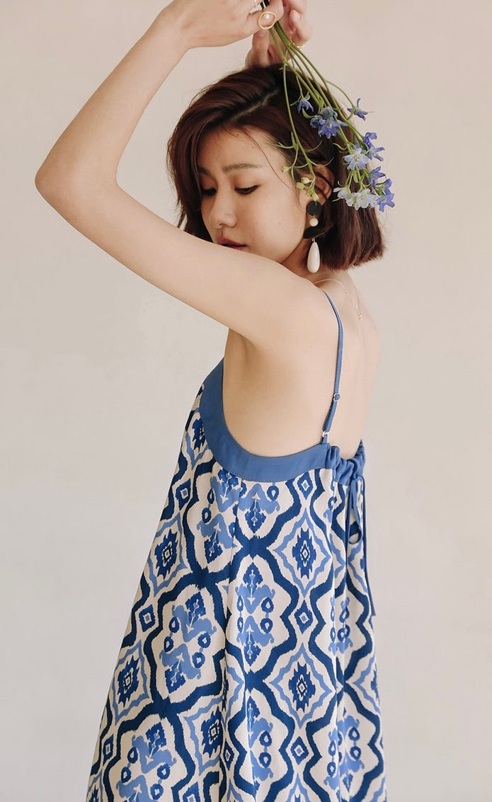 Satin Printed Cami Maxi Dress in Blue