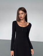 Load image into Gallery viewer, Long Sleeve Button Flare Maxi Dress in Black
