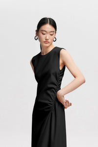 Sleeveless Side Shirring Midi Dress in Black