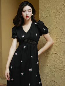 Floral Puff Sleeve Empire Dress in Black