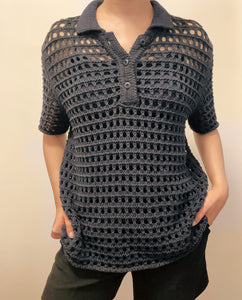 Korean Knit Hole Polo Top in Navy