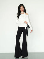 Load image into Gallery viewer, Trumpet Flare Stretch Trousers in Black
