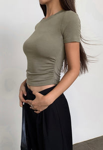 Cropped Shirring Tee in Khaki