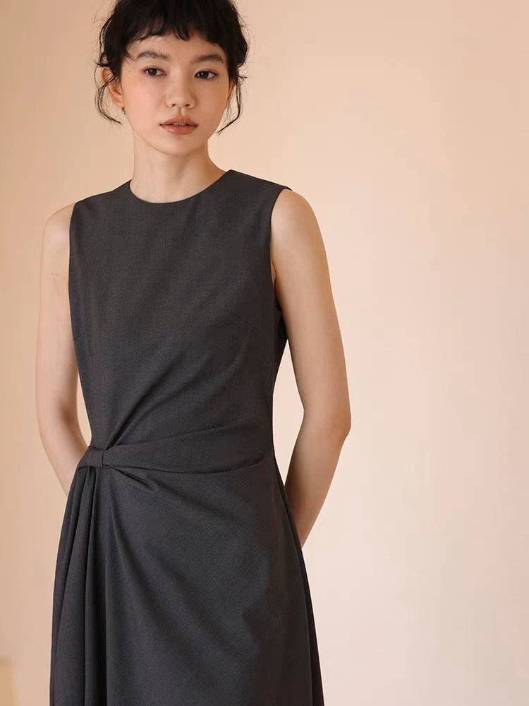 Tailored Gathered A-Line Midi Dress in Grey