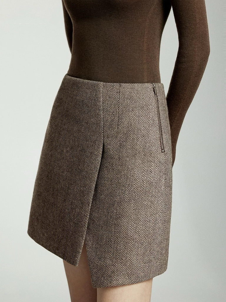Herringbone Asymmetric Mini Skirt in Brown