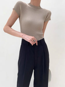 Light Knit High Neck Ribbed Top in Latte
