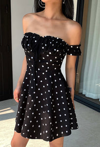 Off Shoulder Polka Mini Dress in Black