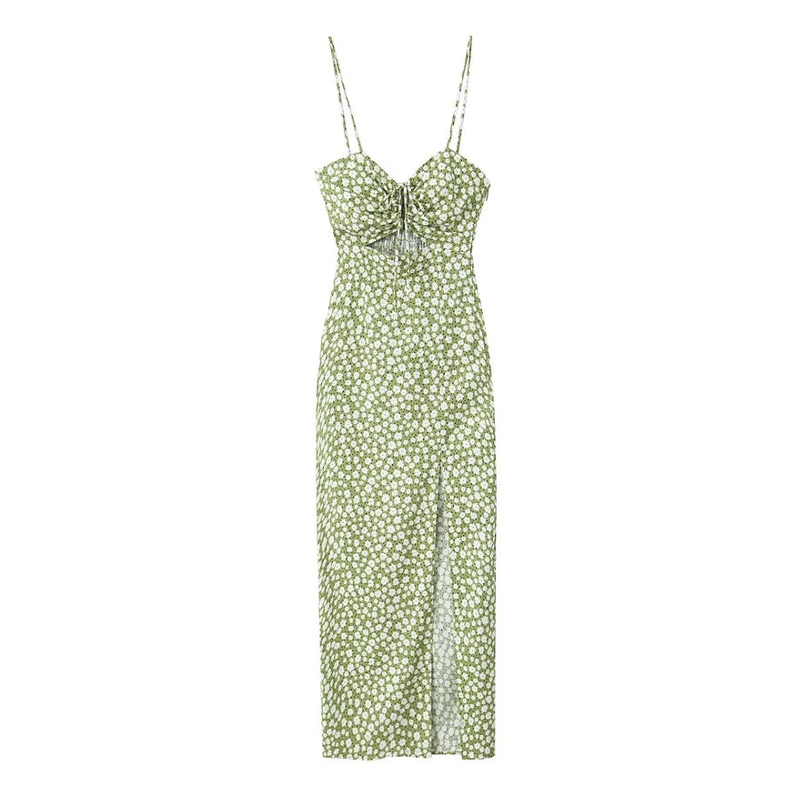 Floral Cutout Slit Cami Dress in Green