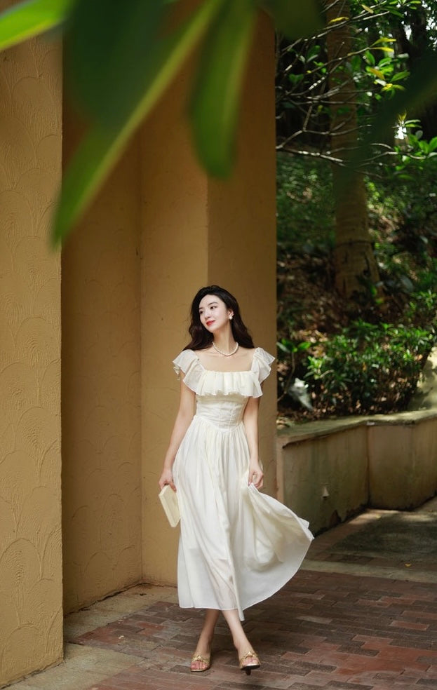 Tencel Blend 2-Way Ruffle Dress in Cream