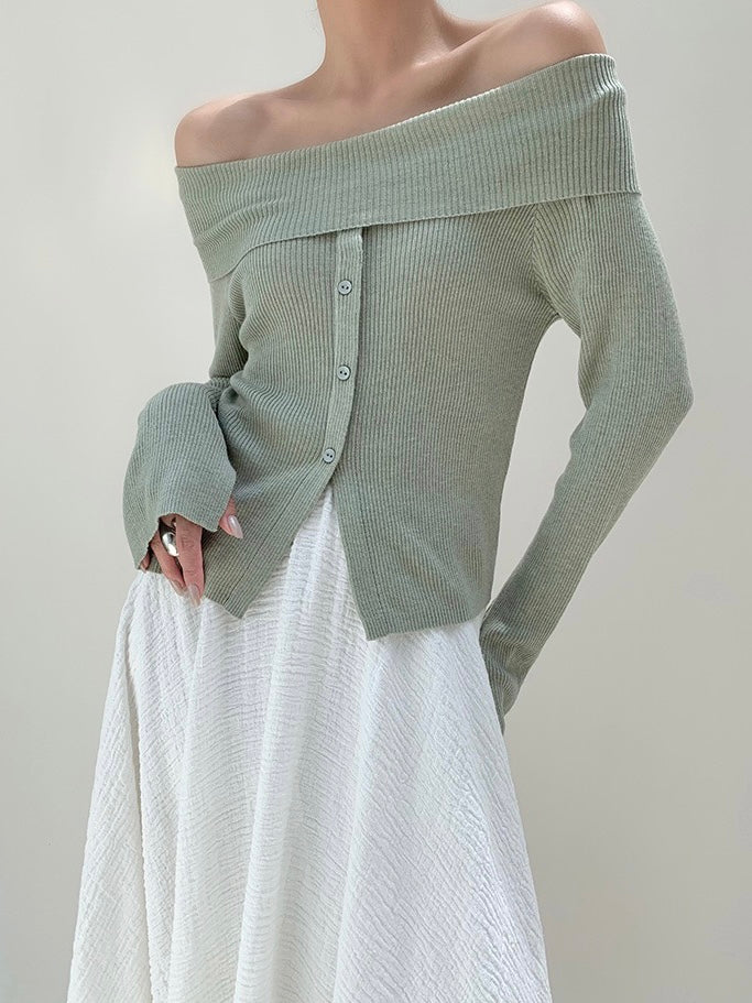Off Shoulder Foldover Button Top in Green