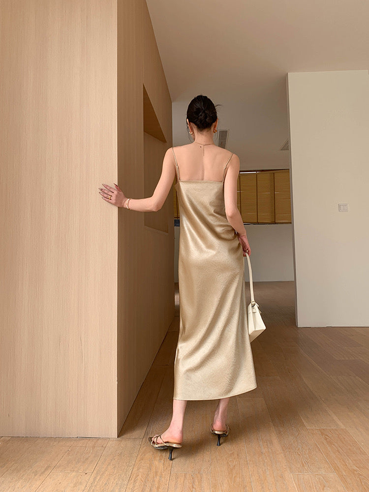 Textured Satin Slip Dress in Gold