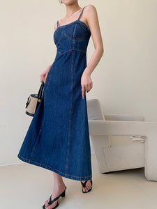 Denim Bustier Cami Maxi Dress in Blue