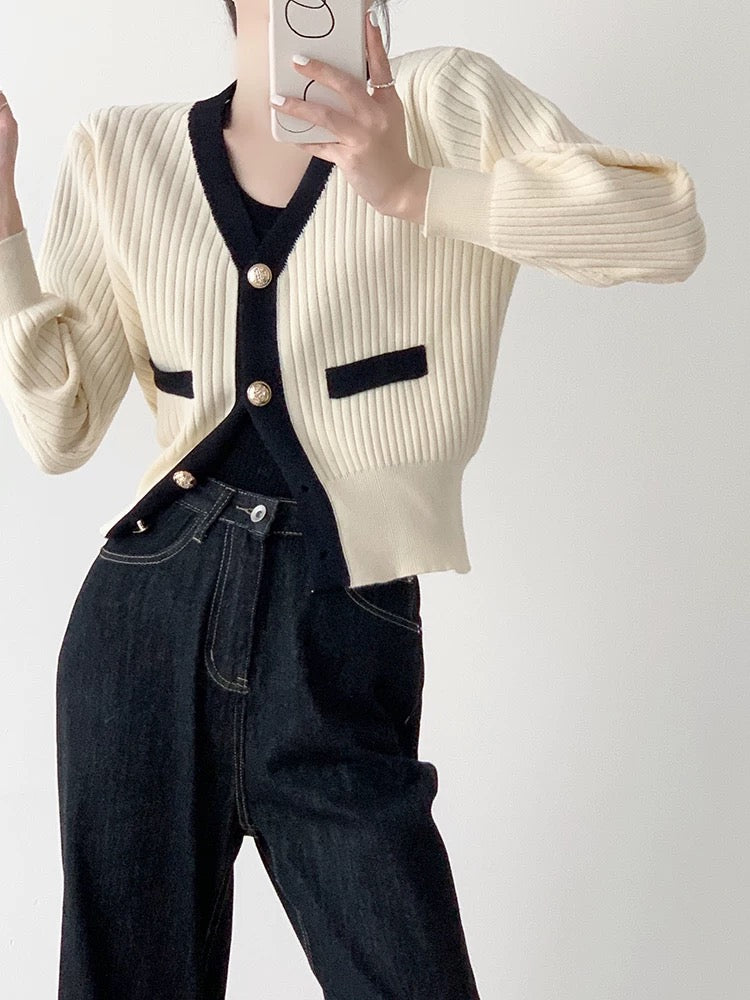 Contrast Ribbed Cardigan in Cream