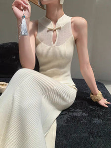 Knitted Mermaid Maxi Cheongsam Dress in Cream