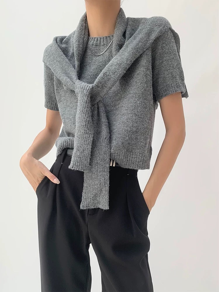 Woolly Knitted Top + Shawl Set in Grey