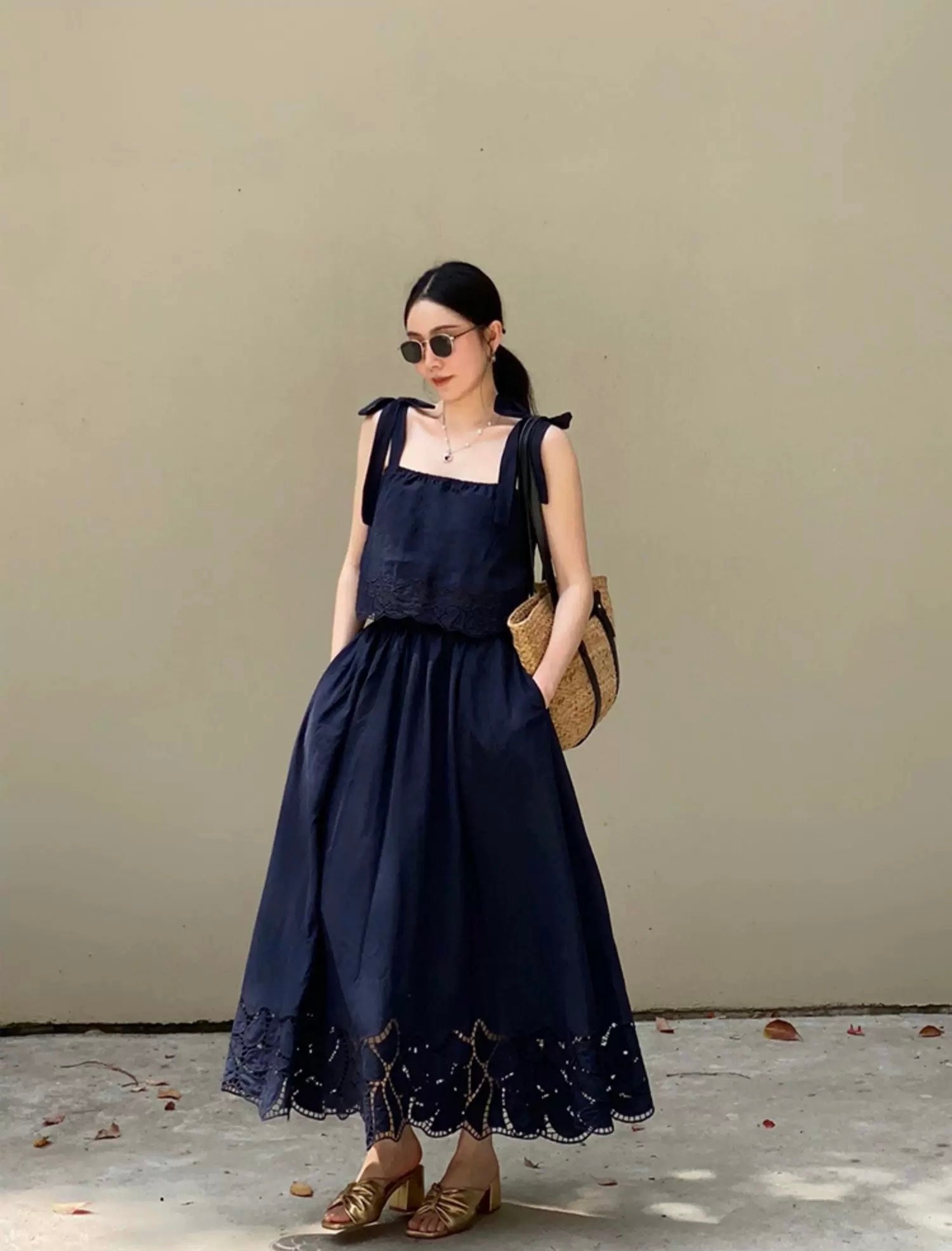 Laser Cut Tie Top + Skirt Set in Navy