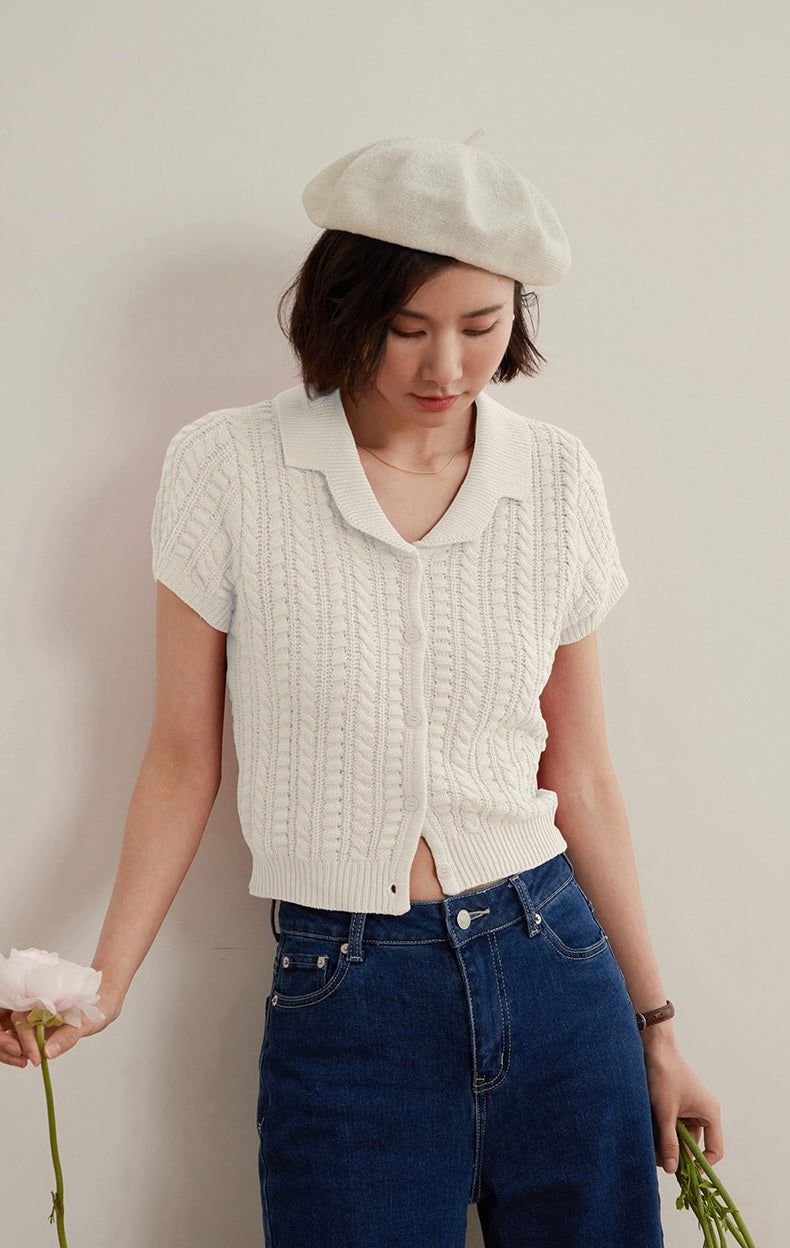 Knitted Polo Blouse in Cream