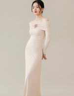 Load image into Gallery viewer, Off Shoulder Rose Flare Maxi Dress in Beige
