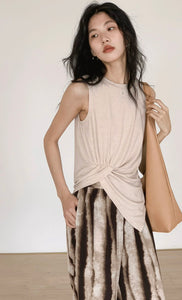 Sleeveless Drape Shirring Top in Beige