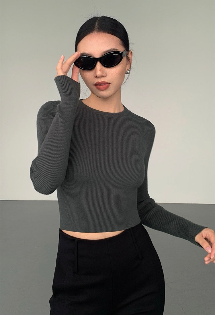 Ribbed Cropped Long Sleeve Top in Grey