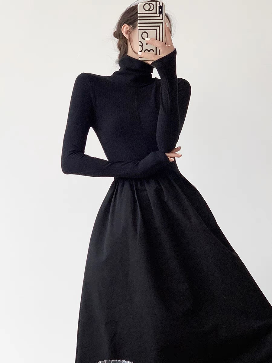 Turtleneck Maxi A-Line Dress in Black