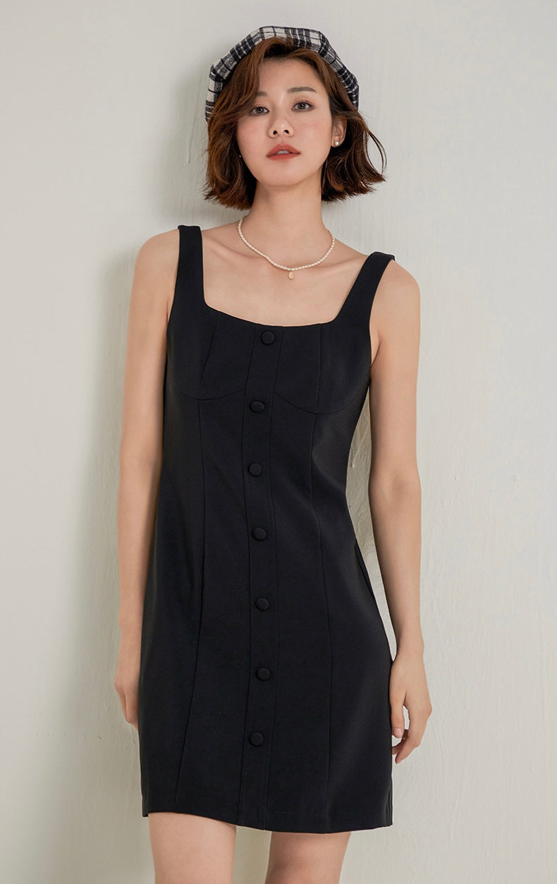 Tweed Button Shift Dress in Black