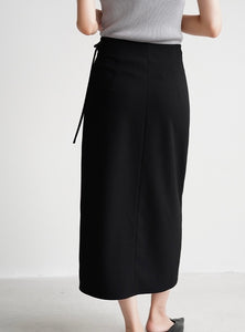 Midi Wrap Tie Slit Skirt in Black