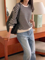 Load image into Gallery viewer, Korean Striped Waffle Sweater Top in Black/Cream
