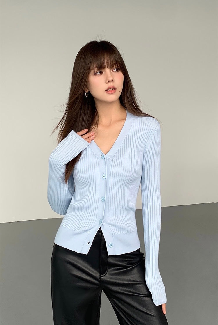Ribbed Button Cardigan Top in Blue