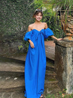 Load image into Gallery viewer, Bustier Off Shoulder Puff Sleeve Dress in Blue
