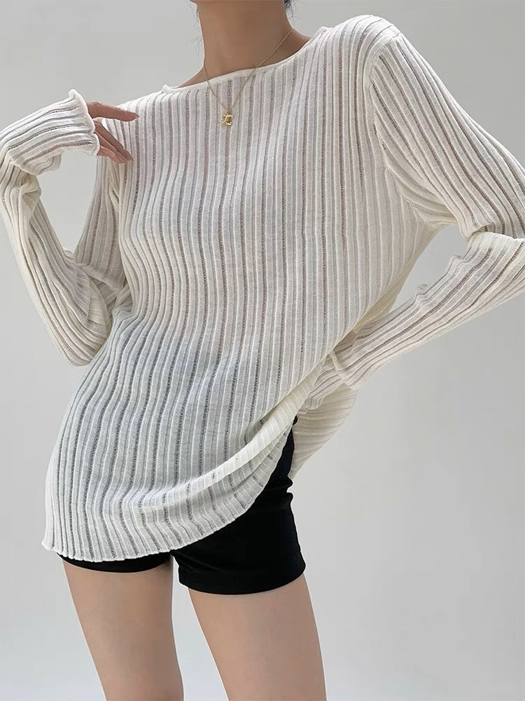 Sheer Line Long Sleeve Top in White