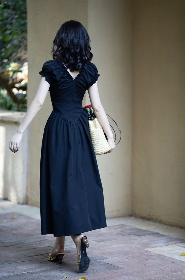 Puff Sleeve Pocket Maxi Dress in Black