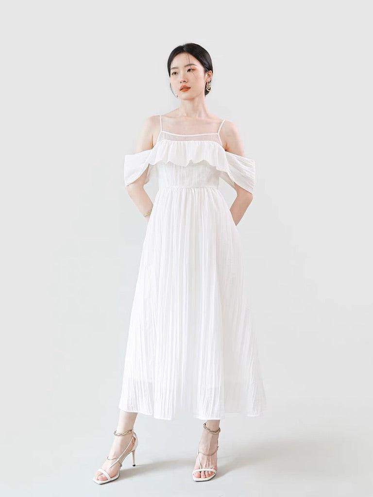 Crepe Off Shoulder Sleeve Pocket Dress in White