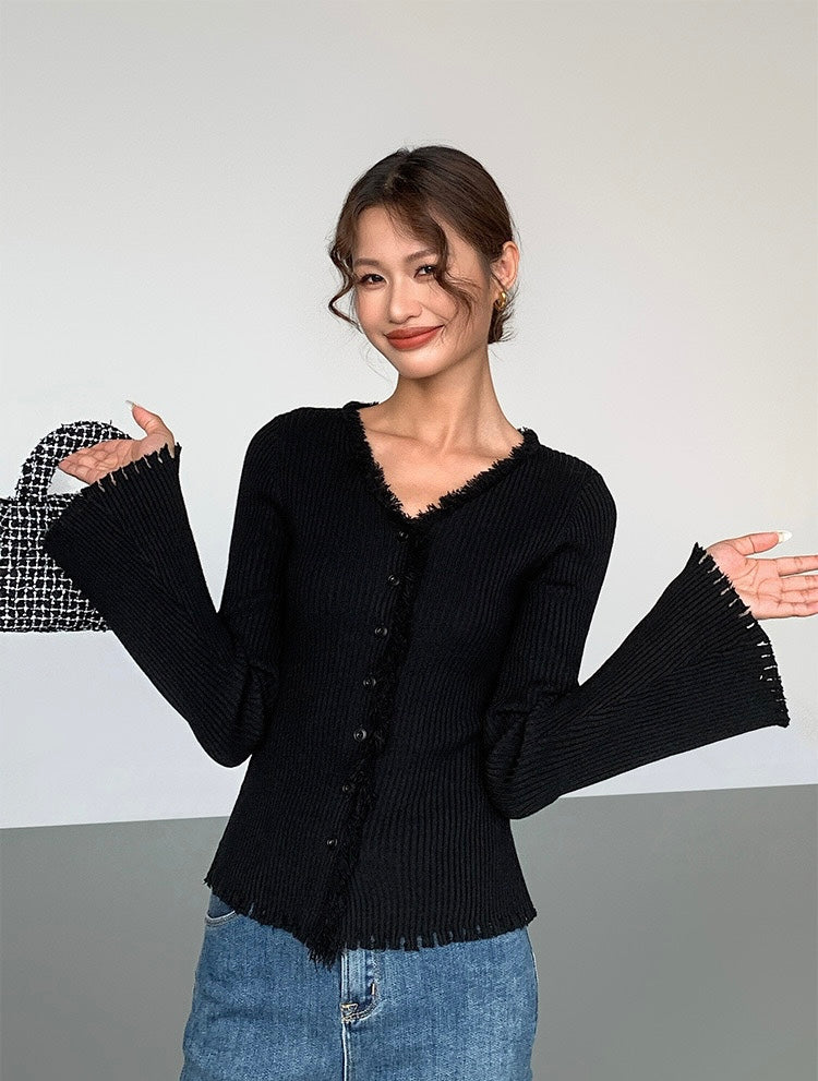 Fray Edge Trumpet Sleeve Cardigan Top [2 Colours]