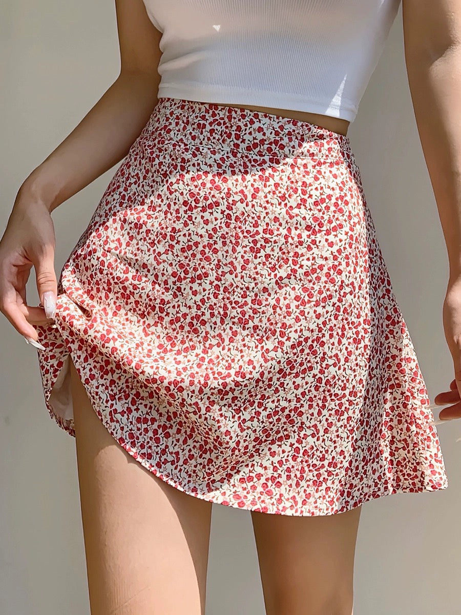 Floral A-Line Mini Skirt in Red