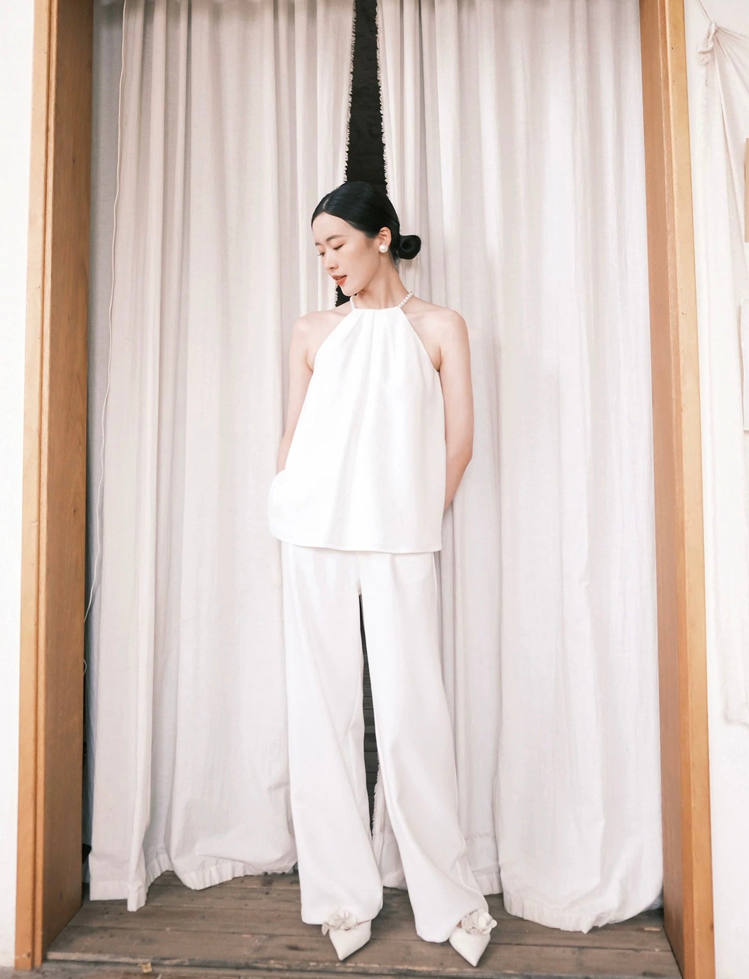 Beaded Top + Wide Leg Trousers Set in White