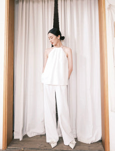 Beaded Top + Wide Leg Trousers Set in White