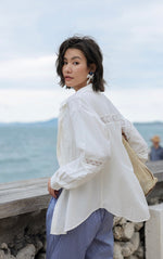 Load image into Gallery viewer, Lace Trim Oversized Shirt in White
