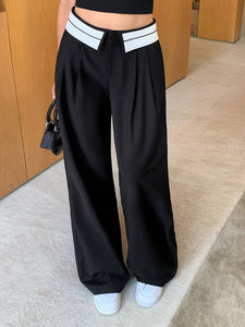 High Rise Contrast Wide Leg Trousers in Black