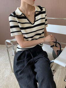 Striped Knit Polo Top in White/Black