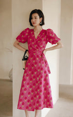 Load image into Gallery viewer, Tulip Puff Sleeve Wrap Dress in Pink
